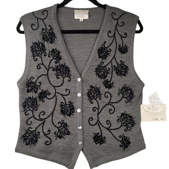 Vintage 95 Susan Bristol Gray Knit Vest Small Beaded Embroidered Deadstock New - Picture 1 of 10